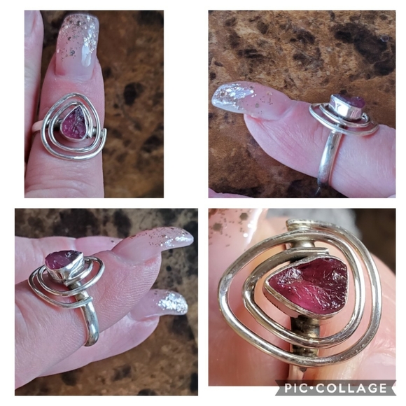 Genuine Rough Rubellite Tourmaline Art Ring 7 - Picture 3 of 6